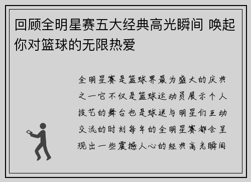 回顾全明星赛五大经典高光瞬间 唤起你对篮球的无限热爱
