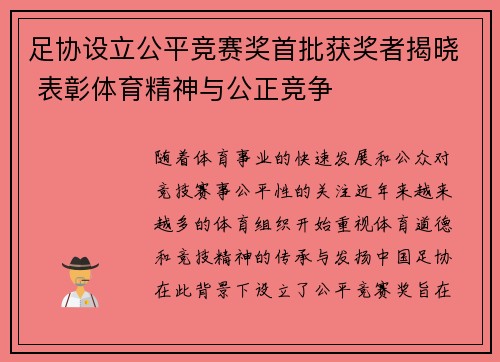足协设立公平竞赛奖首批获奖者揭晓 表彰体育精神与公正竞争