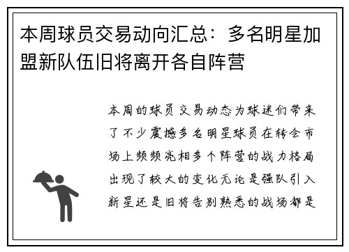 本周球员交易动向汇总：多名明星加盟新队伍旧将离开各自阵营