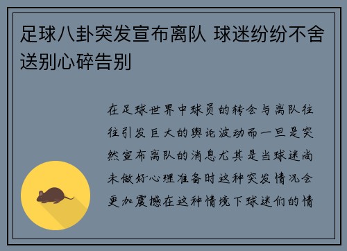 足球八卦突发宣布离队 球迷纷纷不舍送别心碎告别 足球八卦突发宣布离队 球迷纷纷不舍送别心碎告别