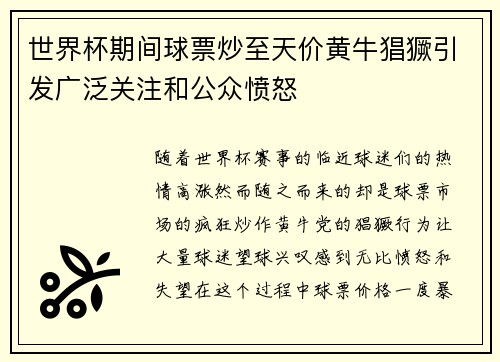 世界杯期间球票炒至天价黄牛猖獗引发广泛关注和公众愤怒