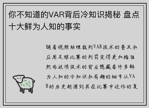 你不知道的VAR背后冷知识揭秘 盘点十大鲜为人知的事实 你不知道的VAR背后冷知识揭秘 盘点十大鲜为人知的事实
